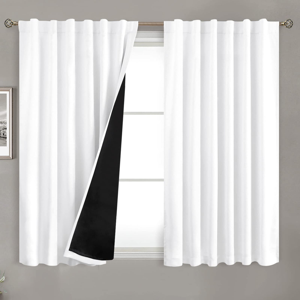 Bgment 100% Blackout Curtains 54 Inches Long With Black Liner, Rod Pocket And Back Tab Double Layer Pure White Room Darkening Th