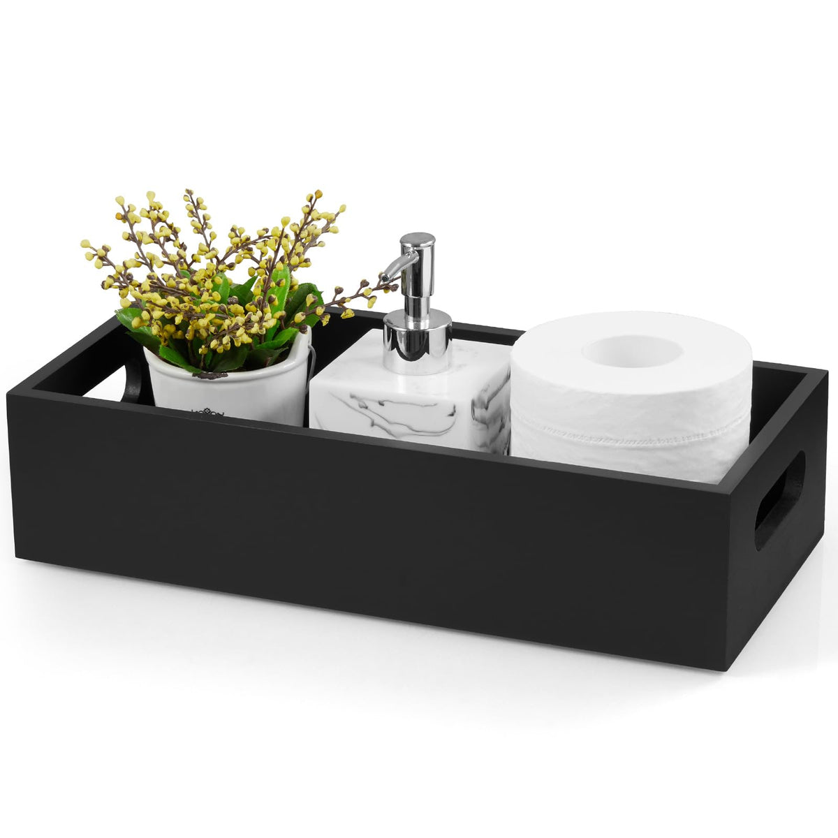 ALELION 14 Inch Black Wood Bathroom Storage Basket with Handles, Toilet Paper Basket for Back of Toilet Tank Top, Wooden Organiz