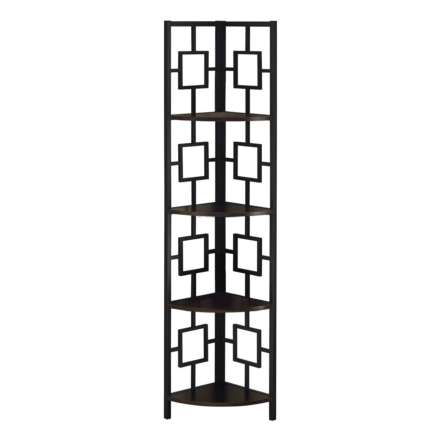 Monarch Specialties I 3612 Bookshelf, Bookcase, Etagere, Corner, 4 Tier, 62&quot; H, Office, Bedroom, Metal, Laminate, Brown, Black, Contemporary, Modern