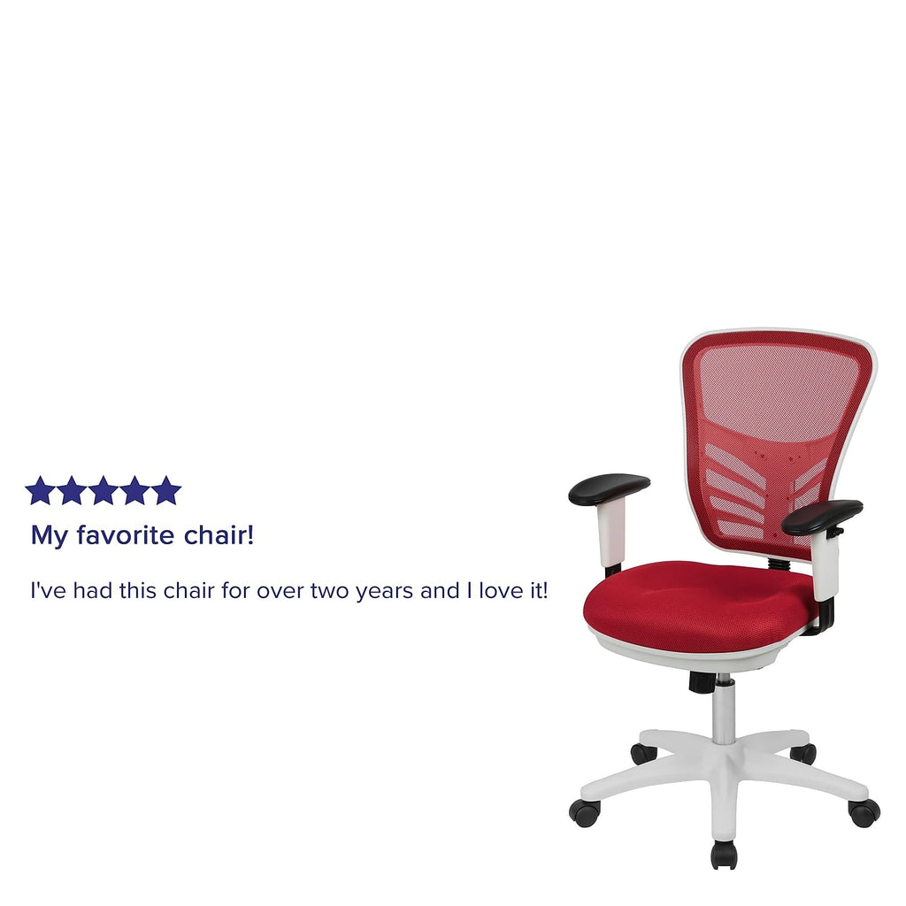 Flash Furniture Nicholas Mid-Back Red Mesh Multifunction Executive Swivel Ergonomic Office Chair With Adjustable Arms And White Frame