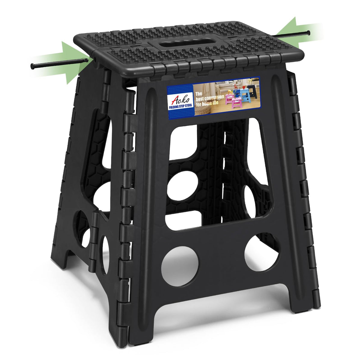 Acko Folding Step Stool Foldable 16 Inch Stools For Adults And Kids,Plastic Stools Tall 400 Lbs Capacity,Collapsible Stool For Kitchen, Stepping Foot Stool With Handle,Dot Black,1 Pc