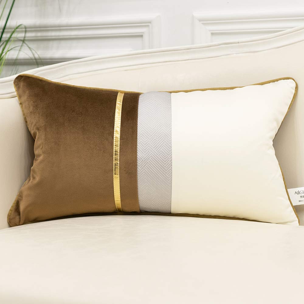 Avigers 12 X 20 Inches Coffee Brown White Gold Leather Striped Patchwork Velvet Cushion Case Luxury Modern Throw Pillow Cover De