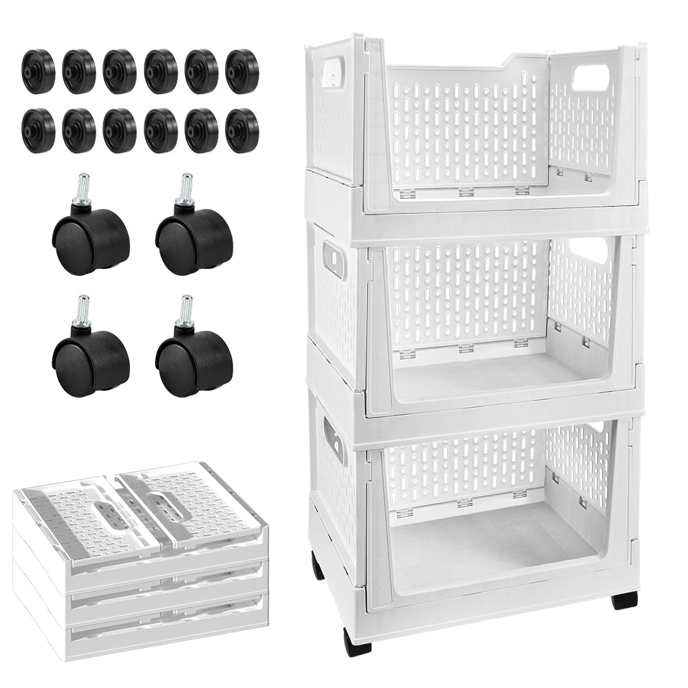 Stackable Plastic Storage Basket, 3 Pack Foldable Closet Organizers and Storage Bins with Wheels, Collapsible Drawer Shelf Stora