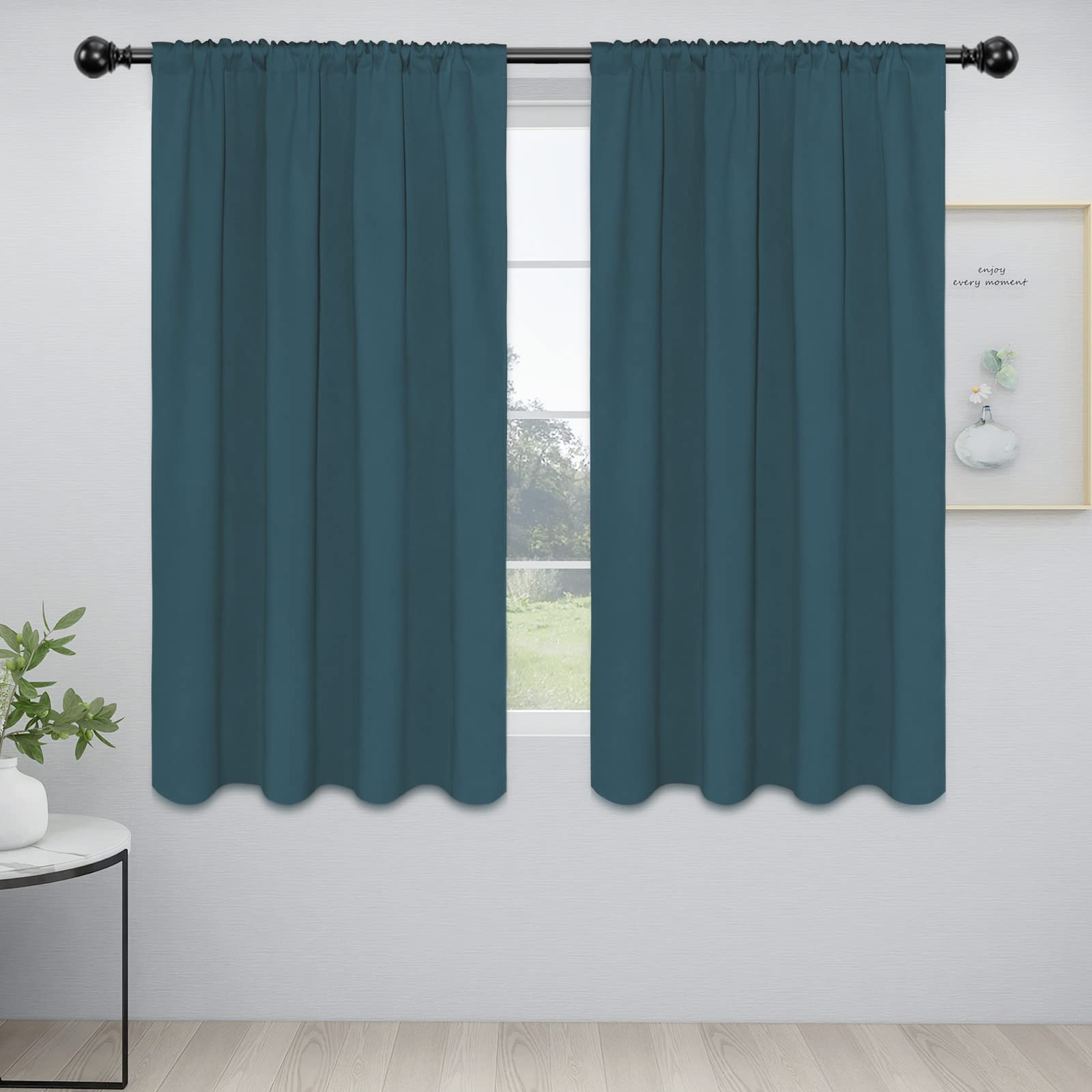 Easy-Going Rod Pocket Blackout Curtains For Bedroom, Room Darkening Window Curtains For Living Room, Thermal Insulated Noise Reduction Solid Window Drapes, 2 Panels(52X63 In, Bluestone)