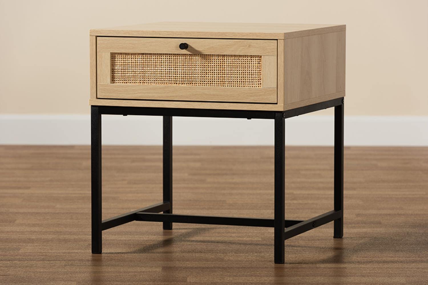Baxton Studio Caterina Natural Brown Wood and Natural Rattan 1-Drawer End Table
