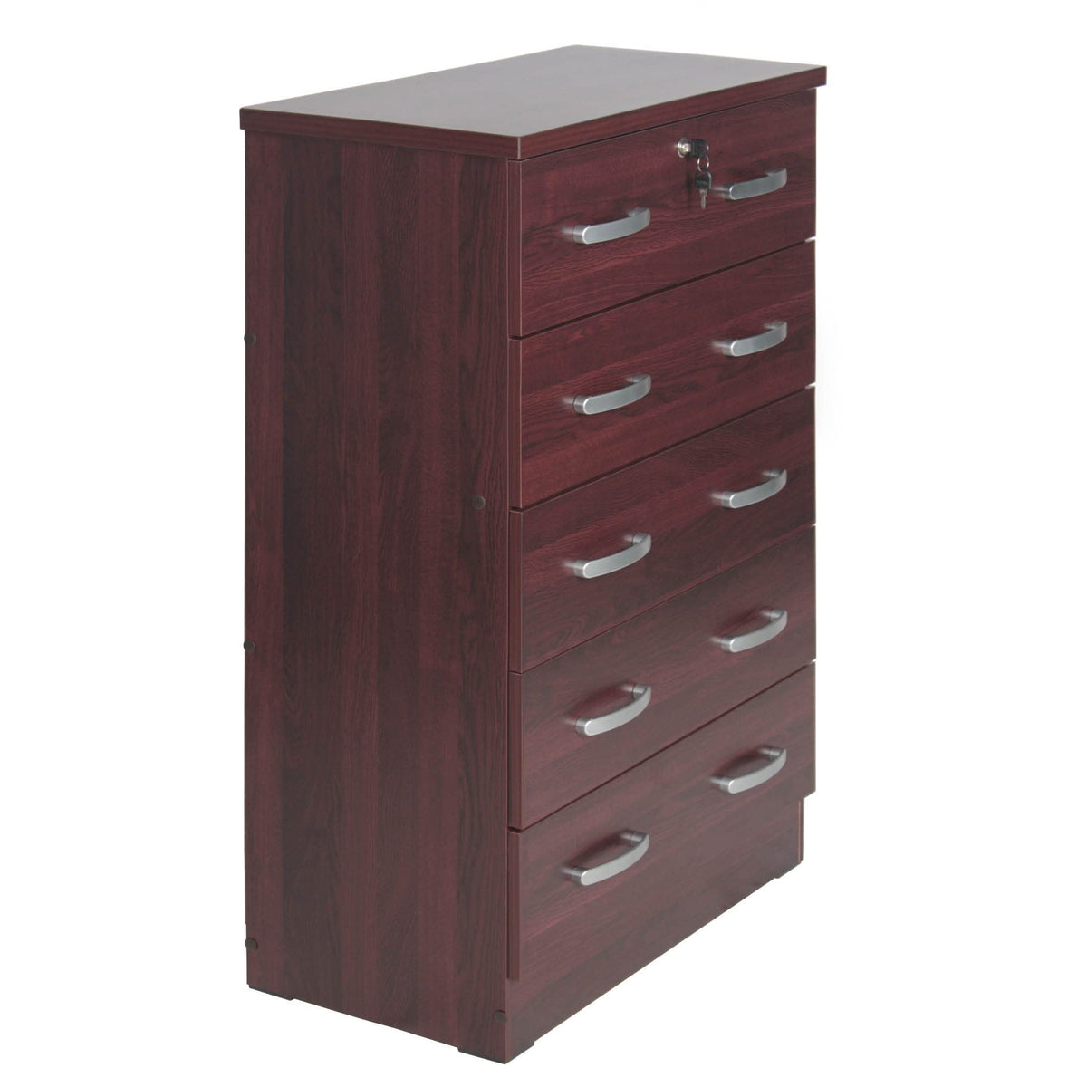 Better Home Products Cindy 5 Drawer Chest Wooden Dresser With Lock In Mahogany