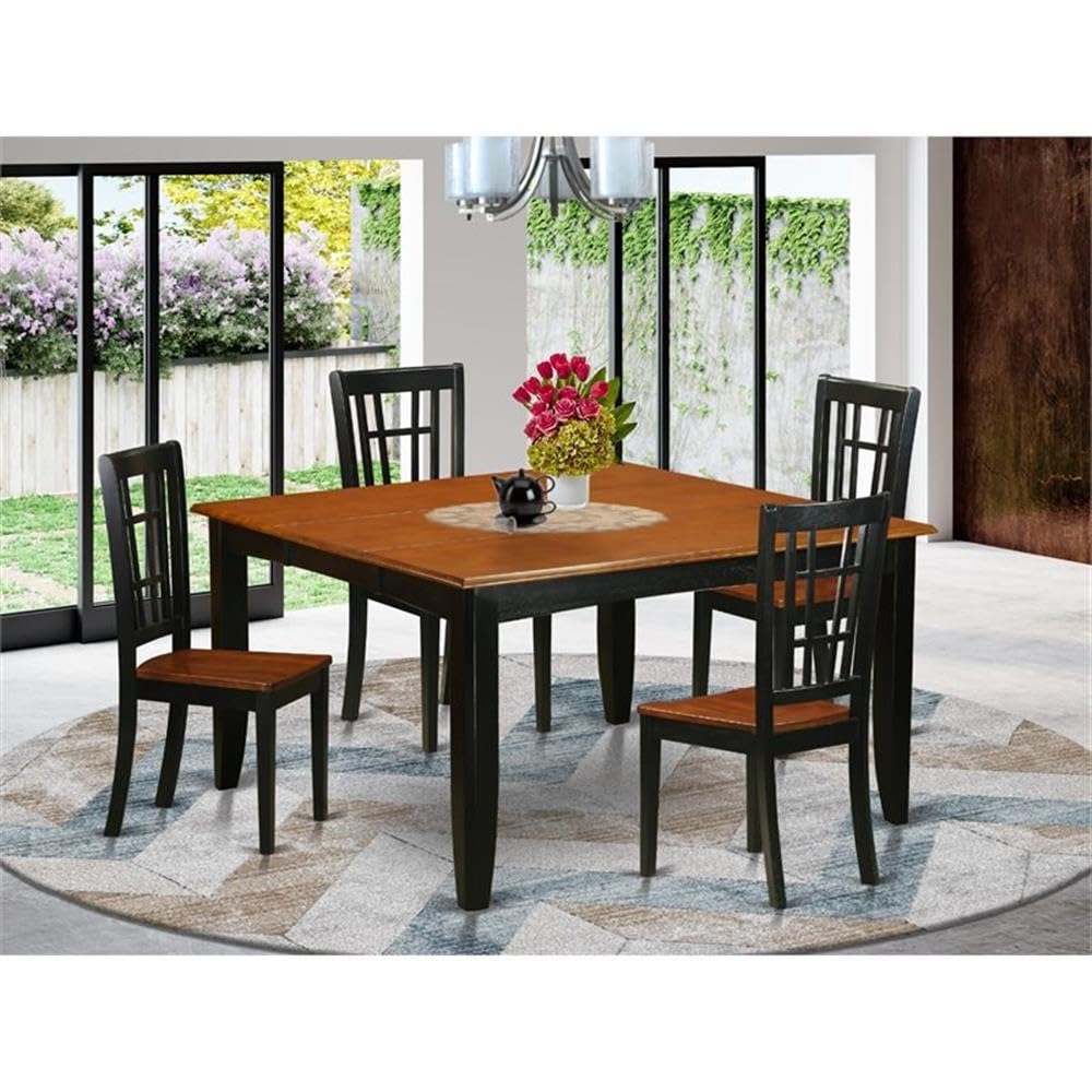 East West Furniture PFNI5-BCH-W 5 Piece Dining Set Includes a Square Dining Room Table with Butterfly Leaf and 4 Wood Seat Chairs, 54x54 Inch, Black & Cherry
