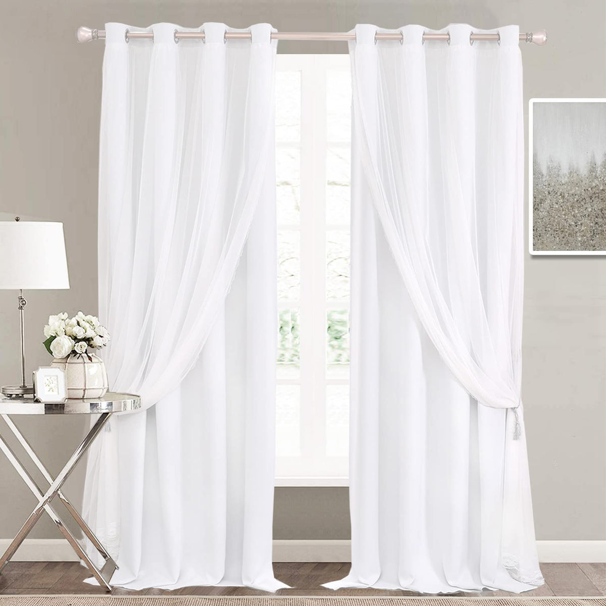 Sofjagetq Winter White Curtains Double Layered Solid And Sheer Window Treatment Panels Pair With Grommet Top For Living Room Pat