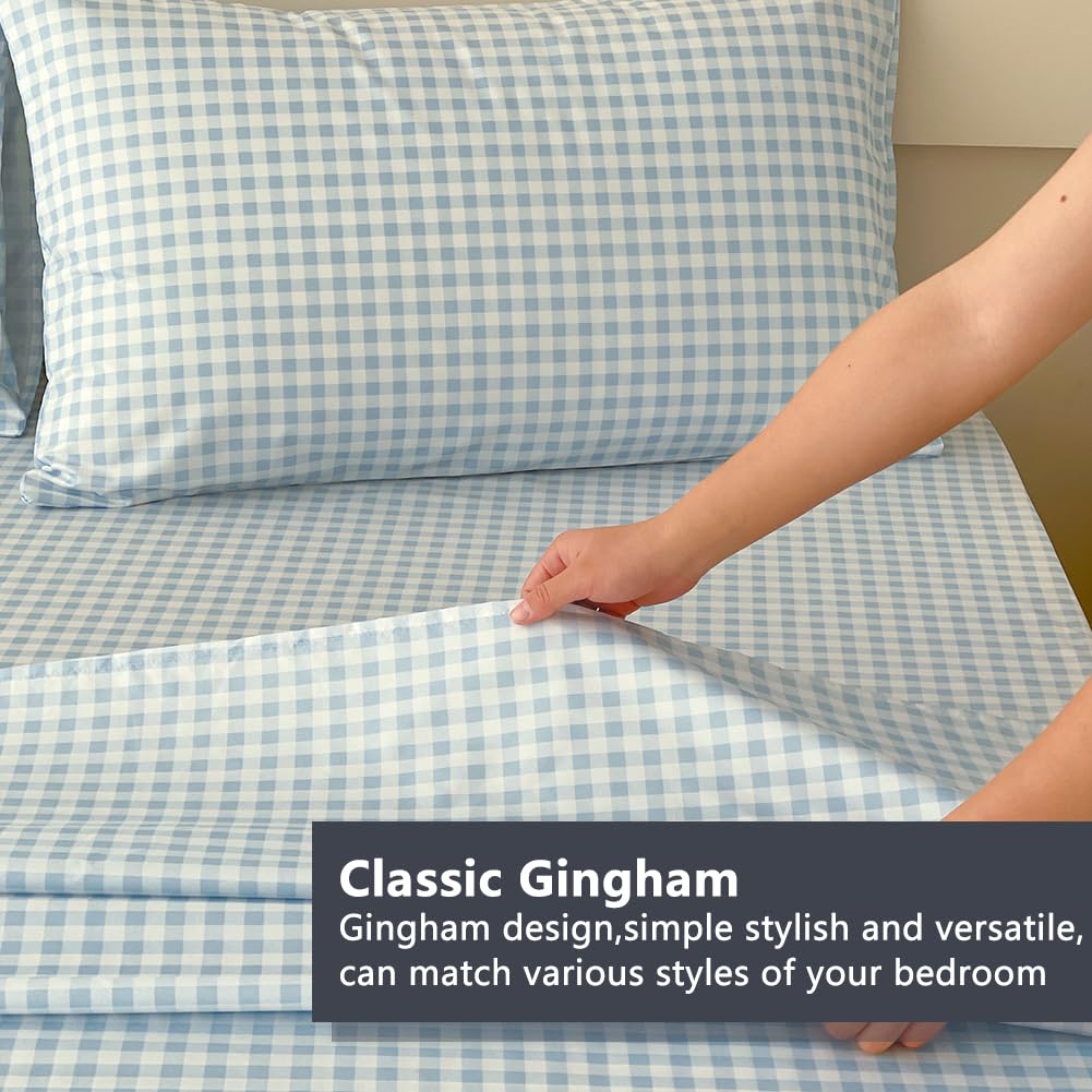 Nsnlgsgc Light Blue Gingham Twin Kids Sheet Set, Soft Brushed Microfiber Baby Blue Plaid Twin Bed Sheets, 3-Pieces Sheet Set Wit