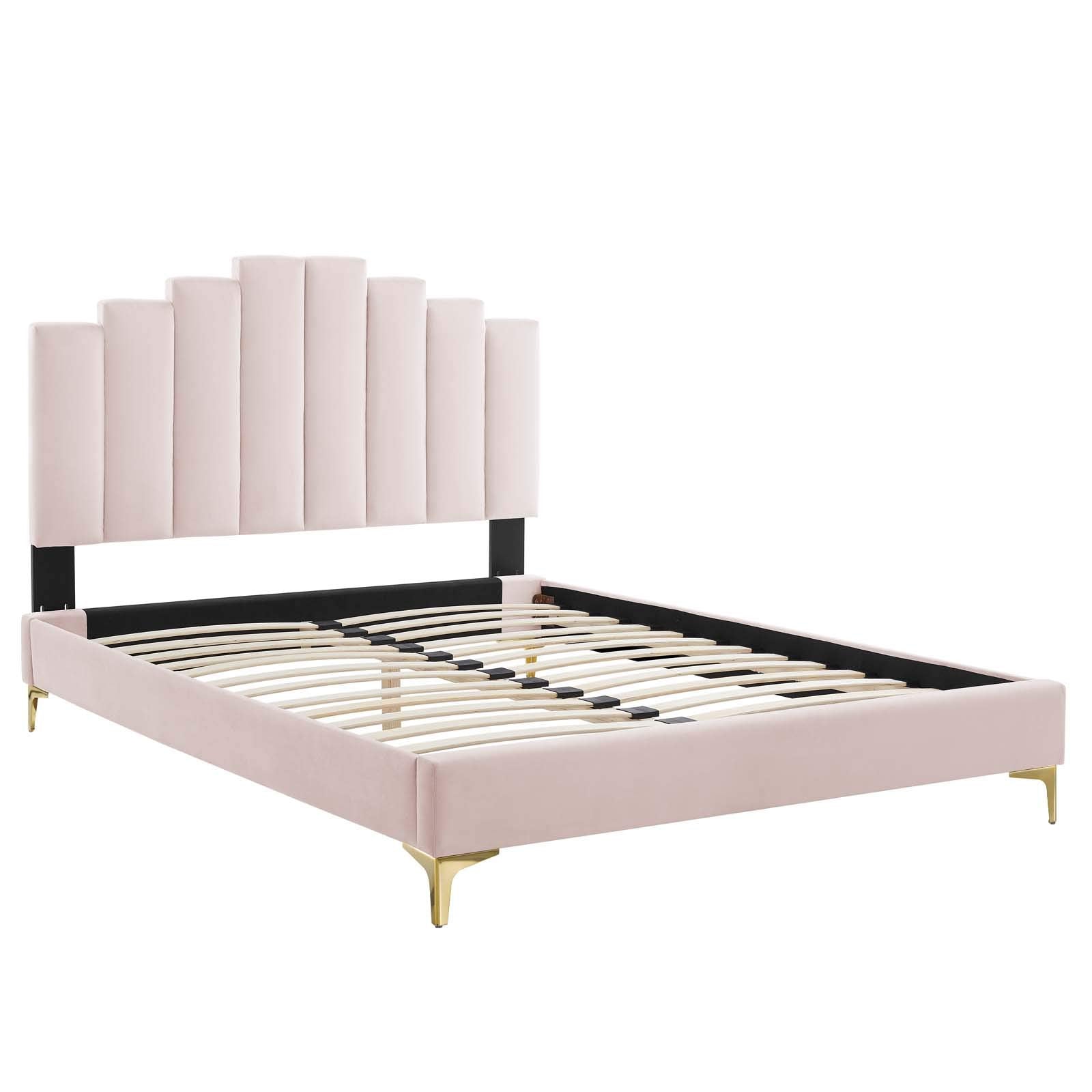Modway Elise Channel Tufted Performance Velvet King Platform Bed In Pink With Gold Metal Legs