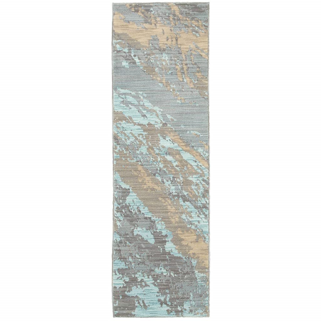 HomeRoots Nylon, Polypropylene 2’x8’ Blue and Gray Abstract Impasto Runner Rug