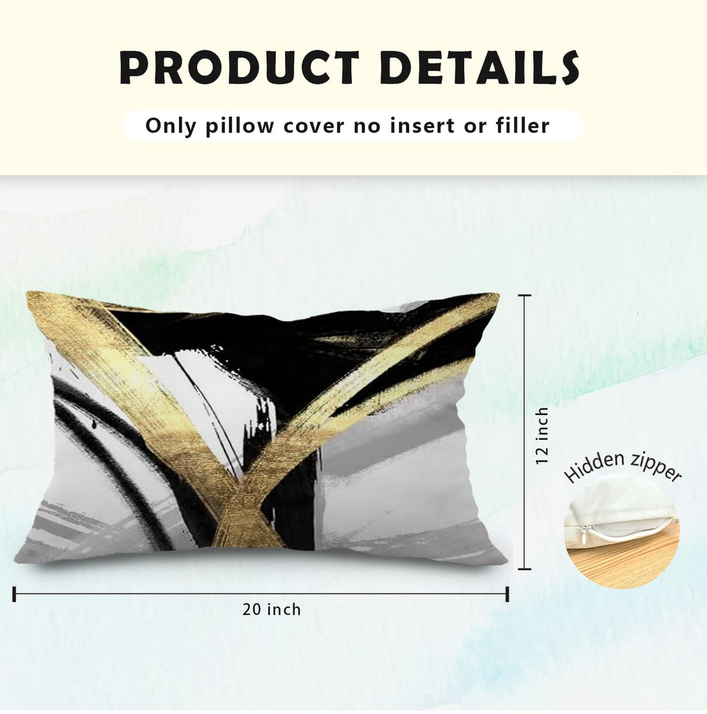 Supwhd Black White And Gold Pillow Covers, Abstract Black And Gold Pillow Covers 12X20 Set Of 2, Modern Boho Home Decor, Black A