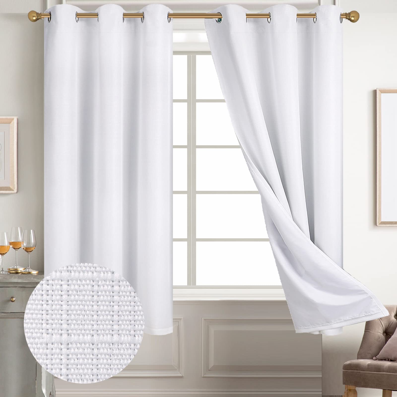 Diraysid 100% Blackout Curtains White Linen Curtains For Bedroom Grommet Thermal Insulated Room Darkening Drapes (2 Panels, W42
