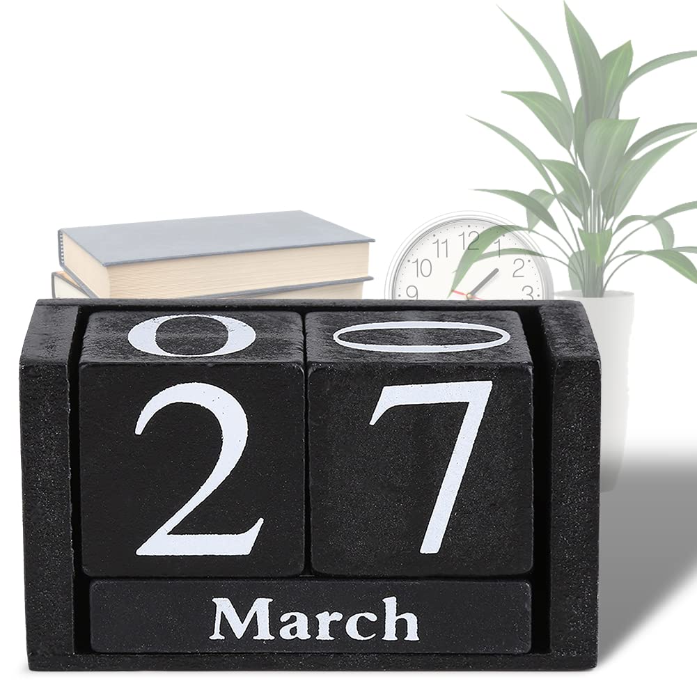 Desktop Wooden Calendar, Vintage Perpetual Date Desk Calendars Blocks Time Concept Rustic Wooden Cubes Calendar Month Date Displ