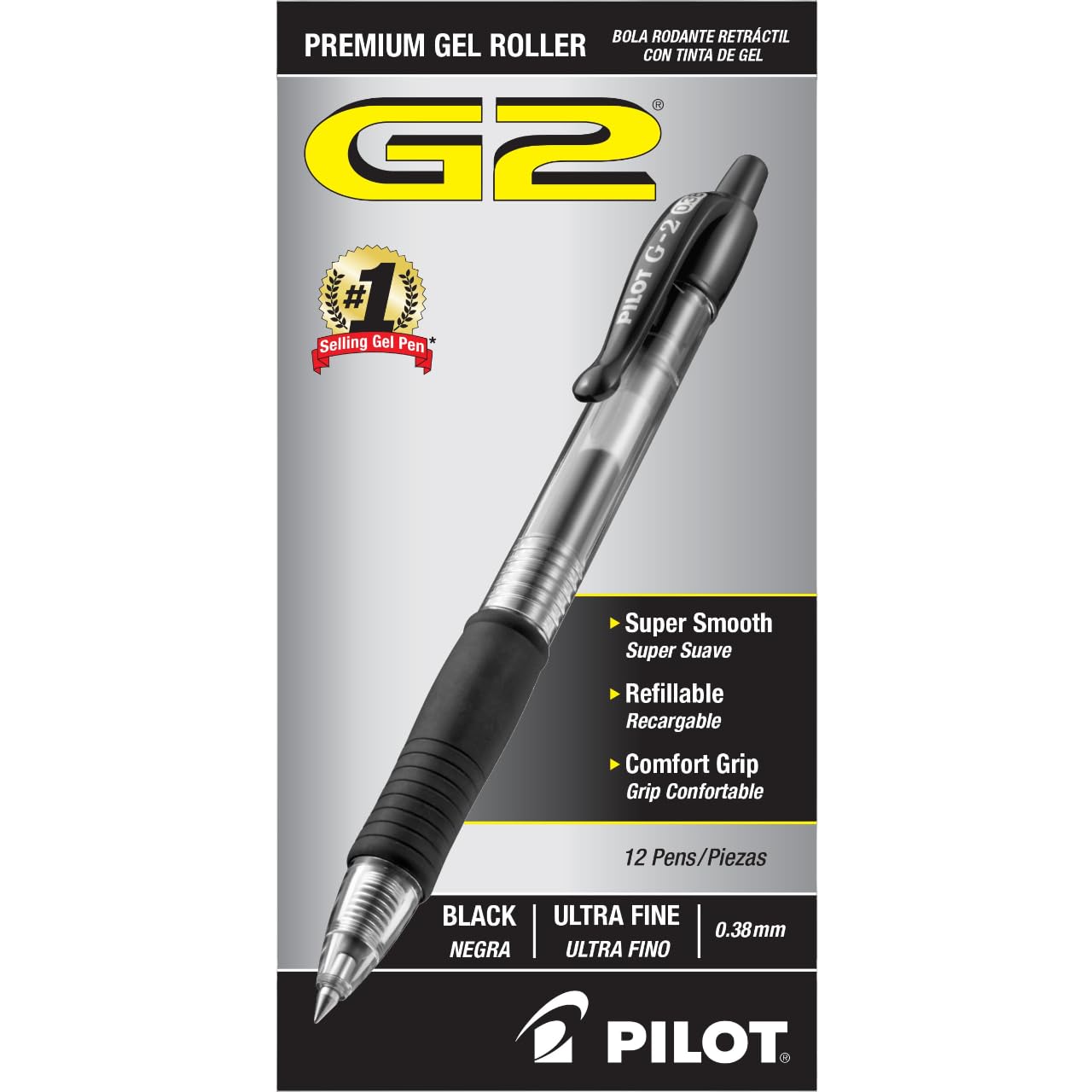 Pilot, G2 Premium Gel Roller Pens, Ultra Fine Point 0.38 Mm, Pack Of 12, Black