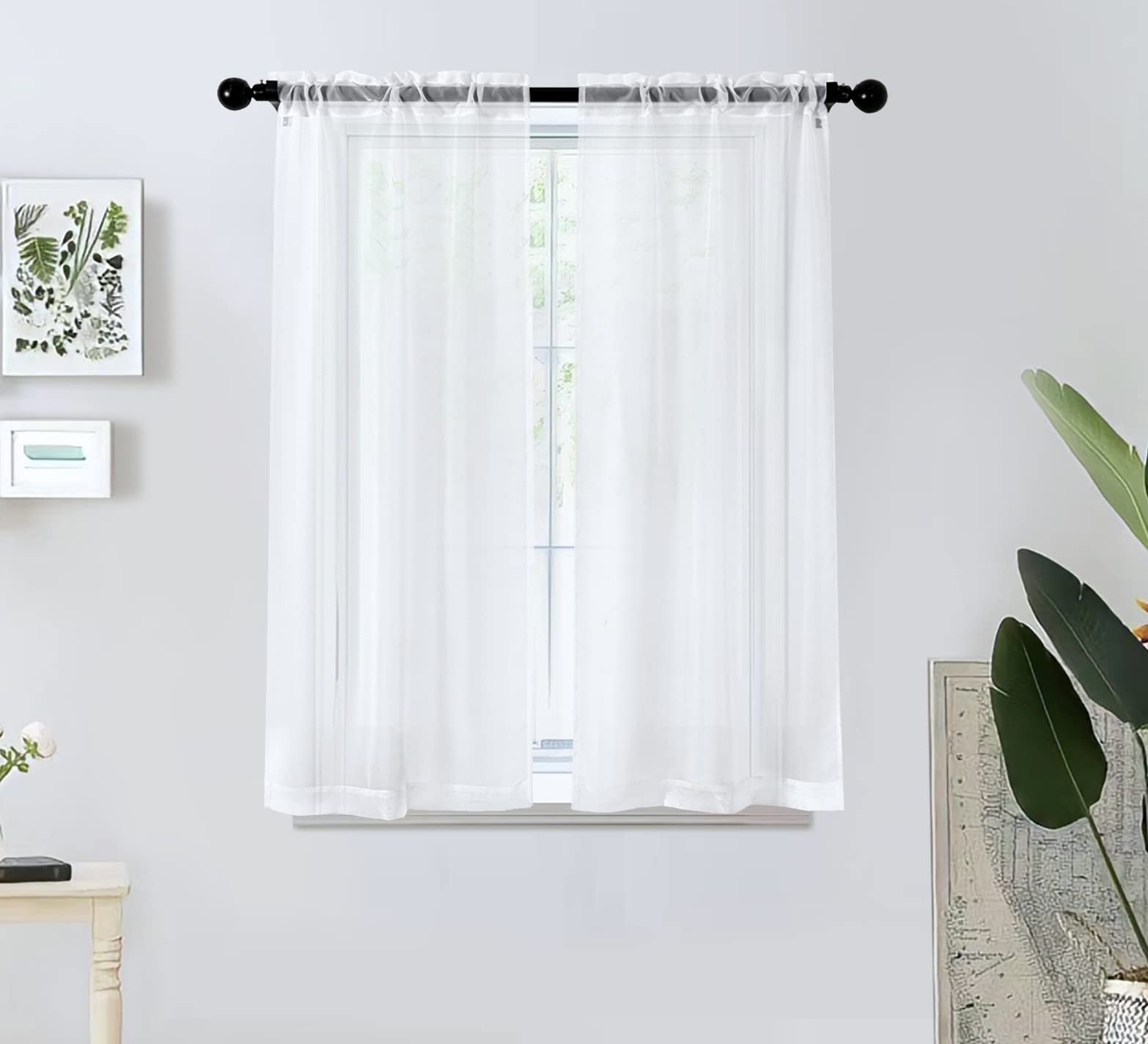 Pi Tier Sheer Curtains With Rod Pocket,Light Voile Home Decoration For Kitchen/Small Window 2 Panels(W42Xl45,Opticall White)
