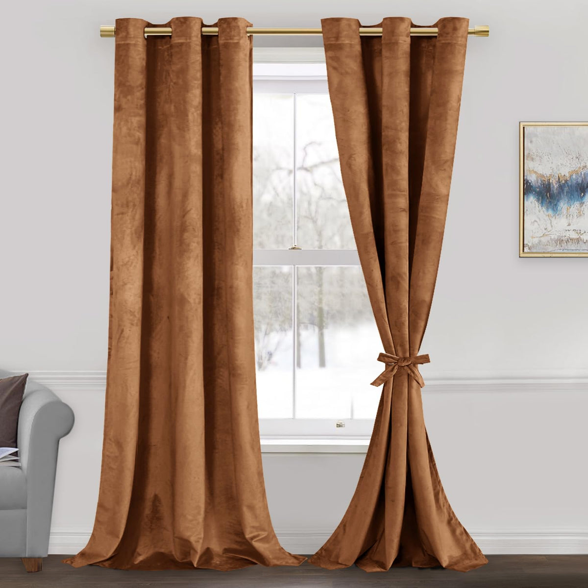 Jiuzhen Gold Brown Velvet Curtains 84 Inches Blackout Curtains For Living Room - Privacy Protect Room Darkening Grommet Thick Ve
