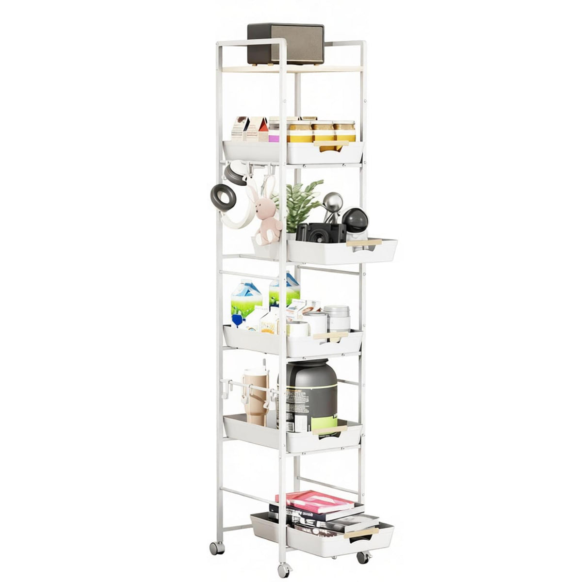 MAYBOSS 6Tier Slim Rolling Storage Cart with Wheels, Metal Organizer Tall Rolling Cart, Wood Top Narrow Mobile Utility Cart wit