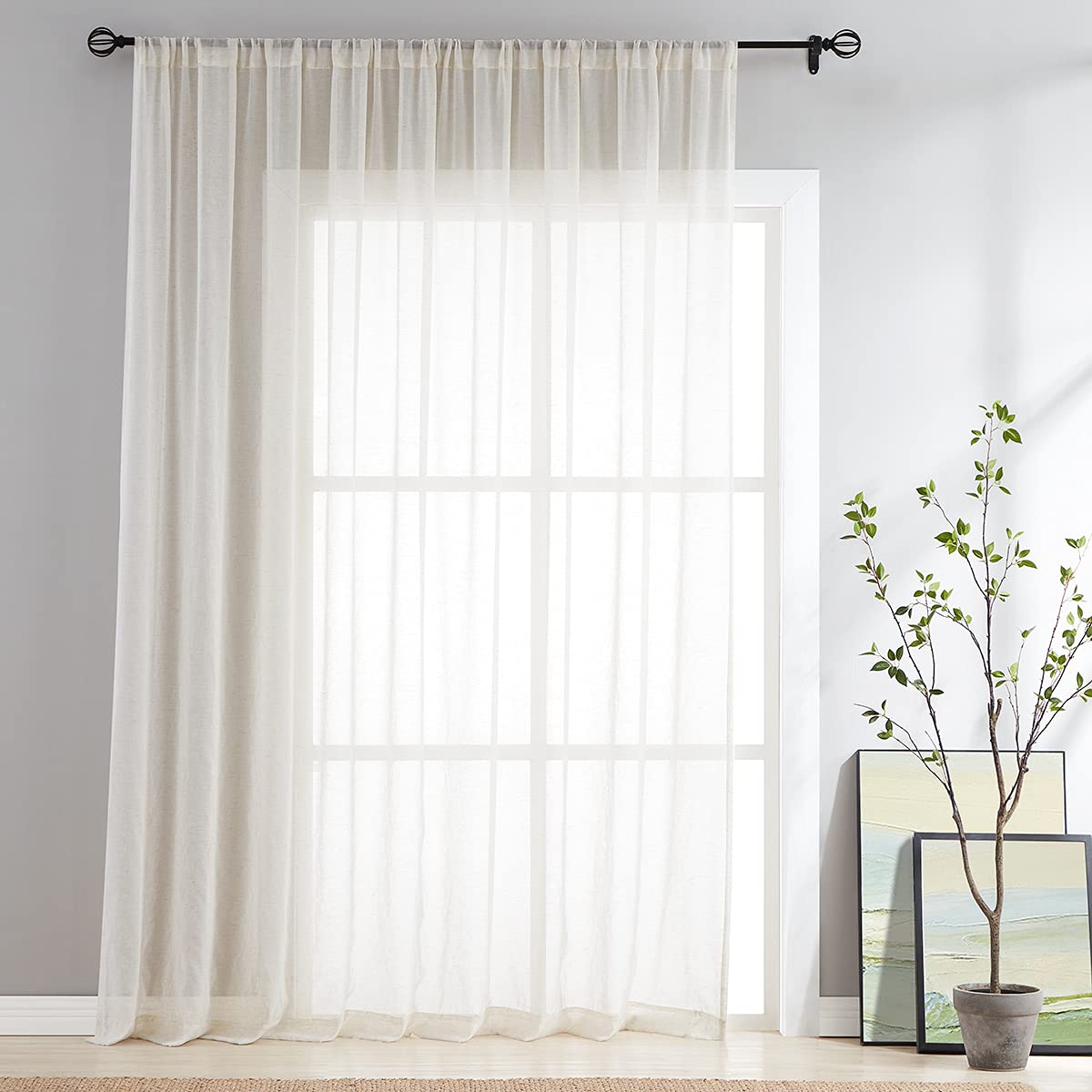 FMFUNCTEX Linen Sheer Sliding Door Curtains for Bedroom, Beige Curtains 84 Inches Long Window Curtain Drapes for Living Room, Na