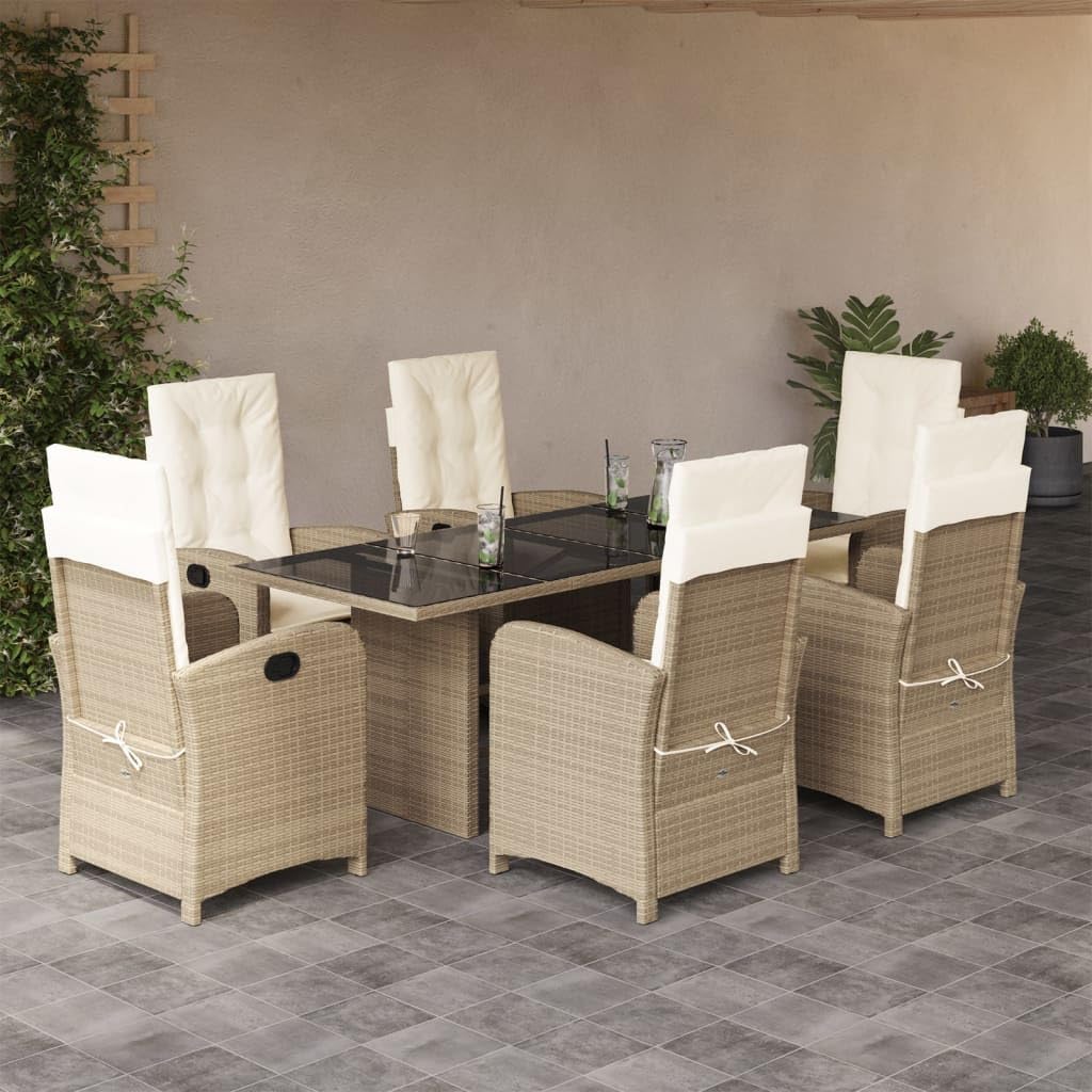 vidaXL 9 Piece Patio Dining Set Beige Poly Rattan Reclining Garden Chairs Cushions Glass Table for Outdoor/Backyard