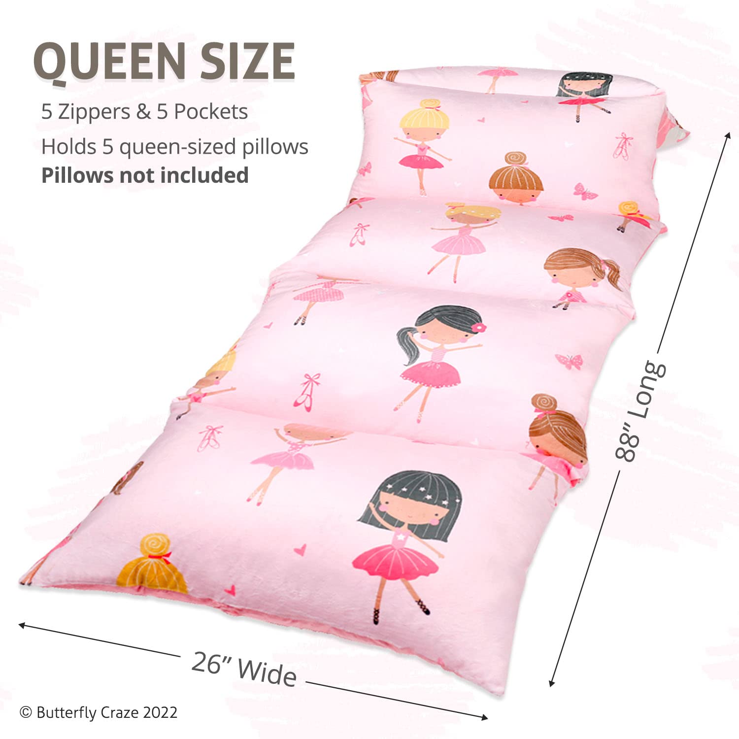 Butterfly Craze Floor Pillow Case, Mattress Bed Lounger Cover, Pink Ballerina, Queen Size - Cozy Seating Solution For Kids & Adu