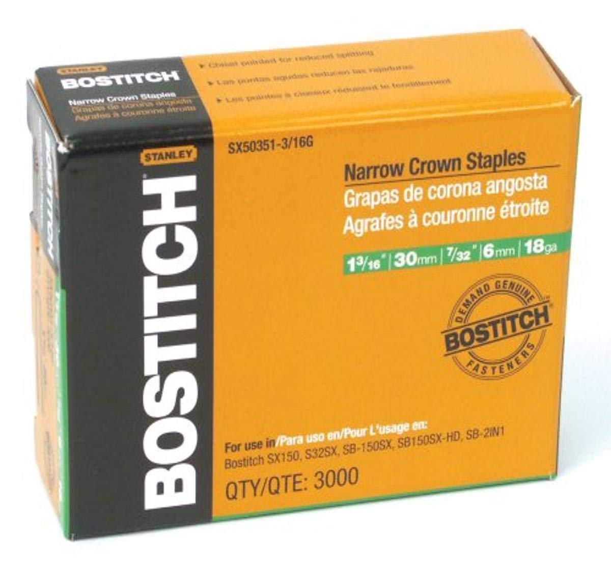 Bostitch Sx50351-3/16G 1-3/16-Inch By 18 Gauge By 7/32-Inch Crown Finish Staple (3,000 Per Box)