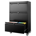 Aobabo 3 Drawer Lateral File Cabinet with Wheels, Lockable Metal Filing Cabinet for Home Office, Legal/Letter Size,Black,Require