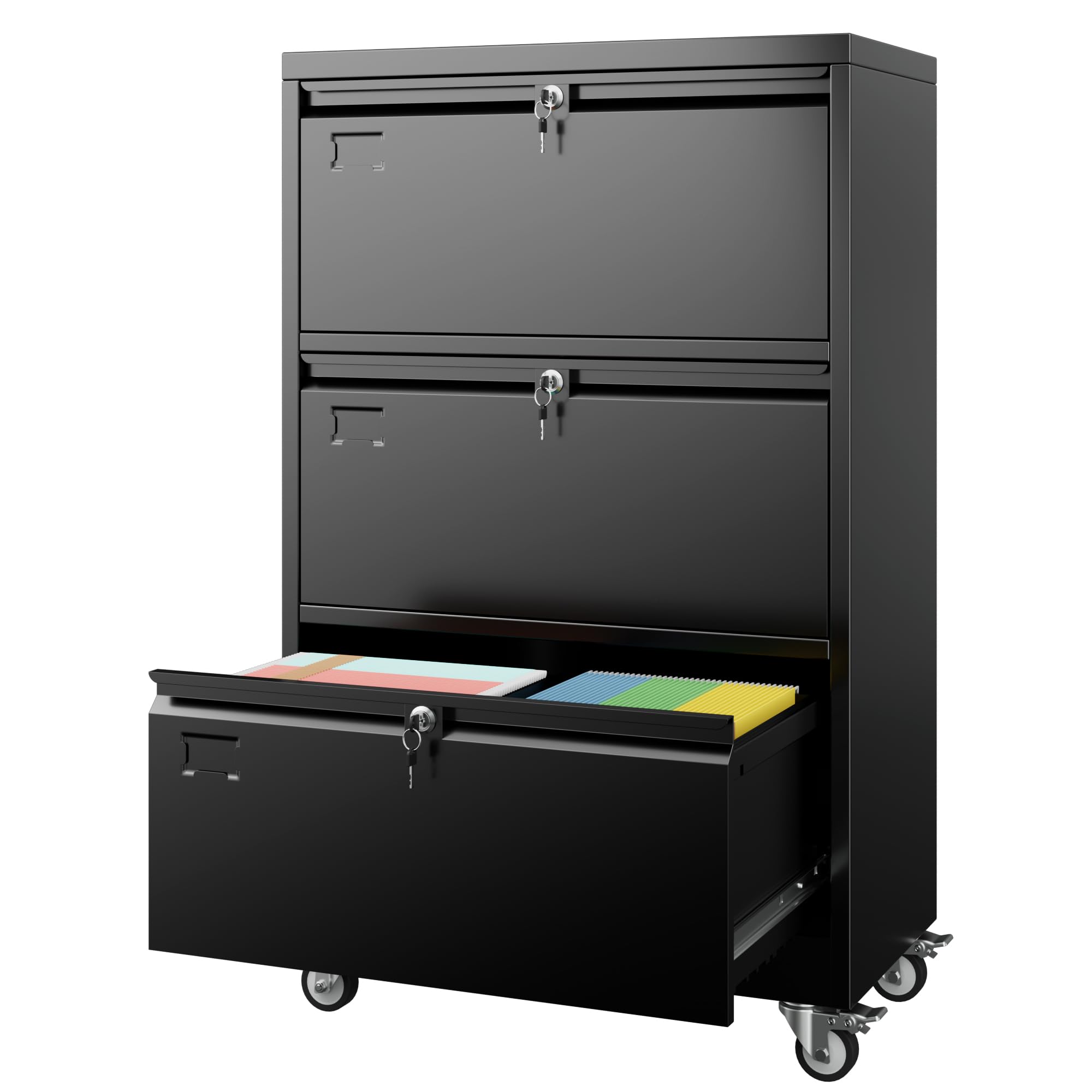 Aobabo 3 Drawer Lateral File Cabinet with Wheels, Lockable Metal Filing Cabinet for Home Office, Legal/Letter Size,Black,Require