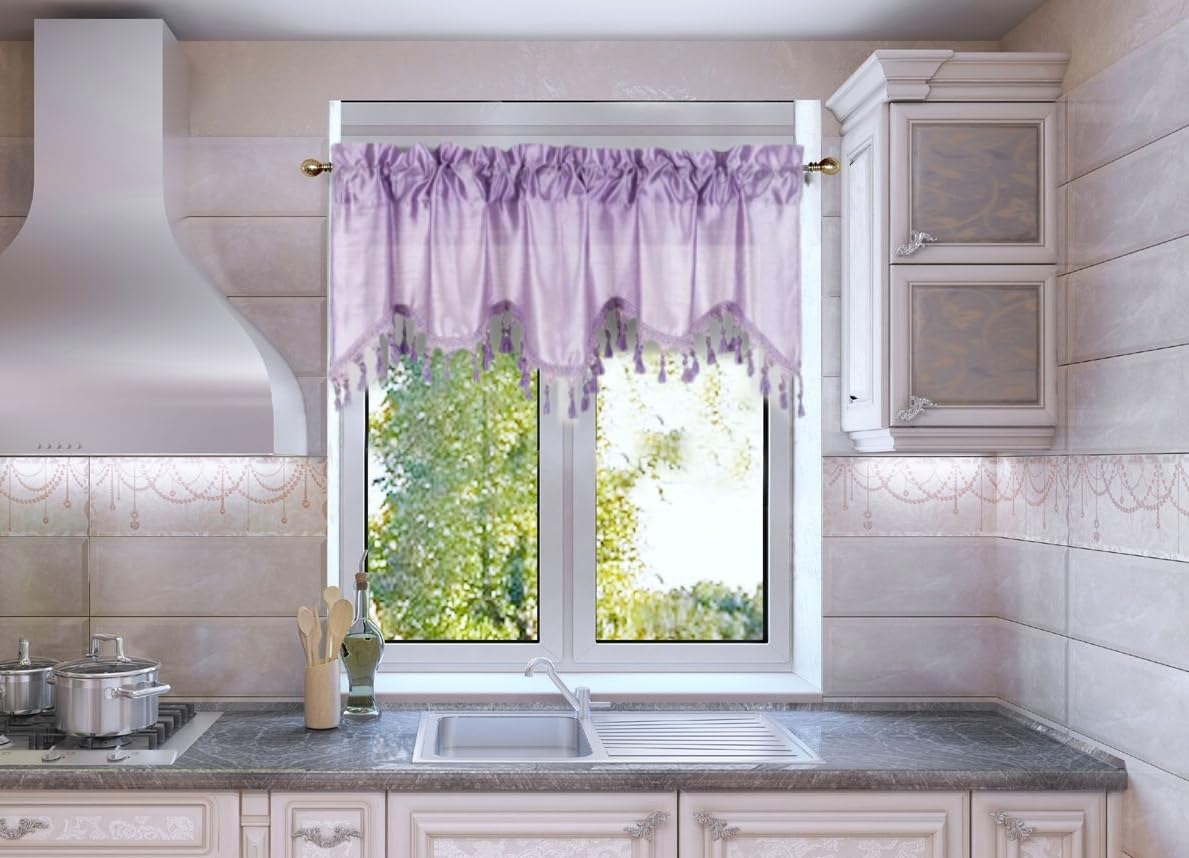 Solid Faux Silk Swag Waterfall Cascade Ascot Window Curtain Valance W/Tassels Trim 55' X18' Wave (1, Lilac)
