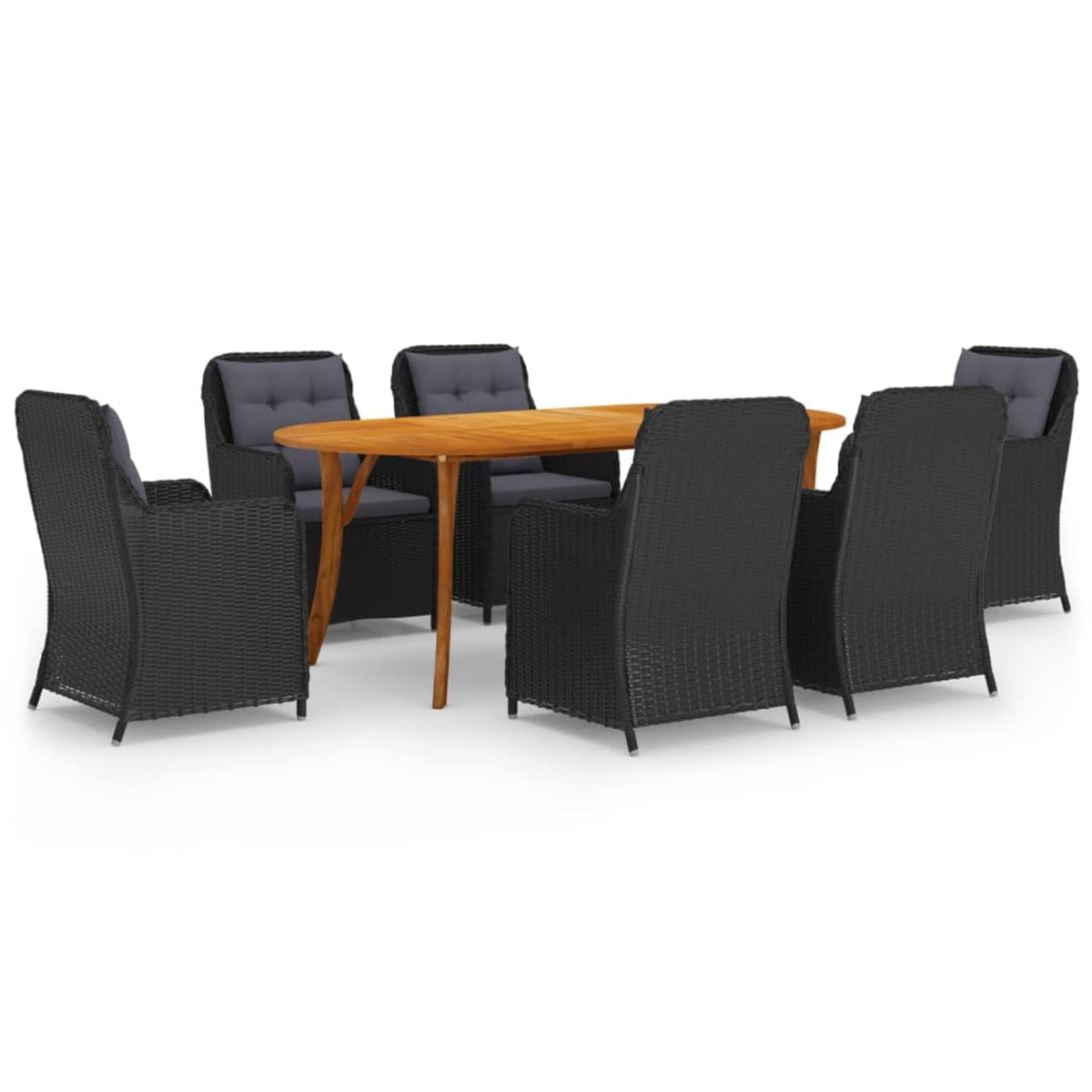 vidaXL Patio Dining Set, 7 Pieces- Solid Acacia Wood Rectangular Table and Black PE Rattan Chairs with Dark Gray Cushions, Weather-Resistant, Easy Assembly