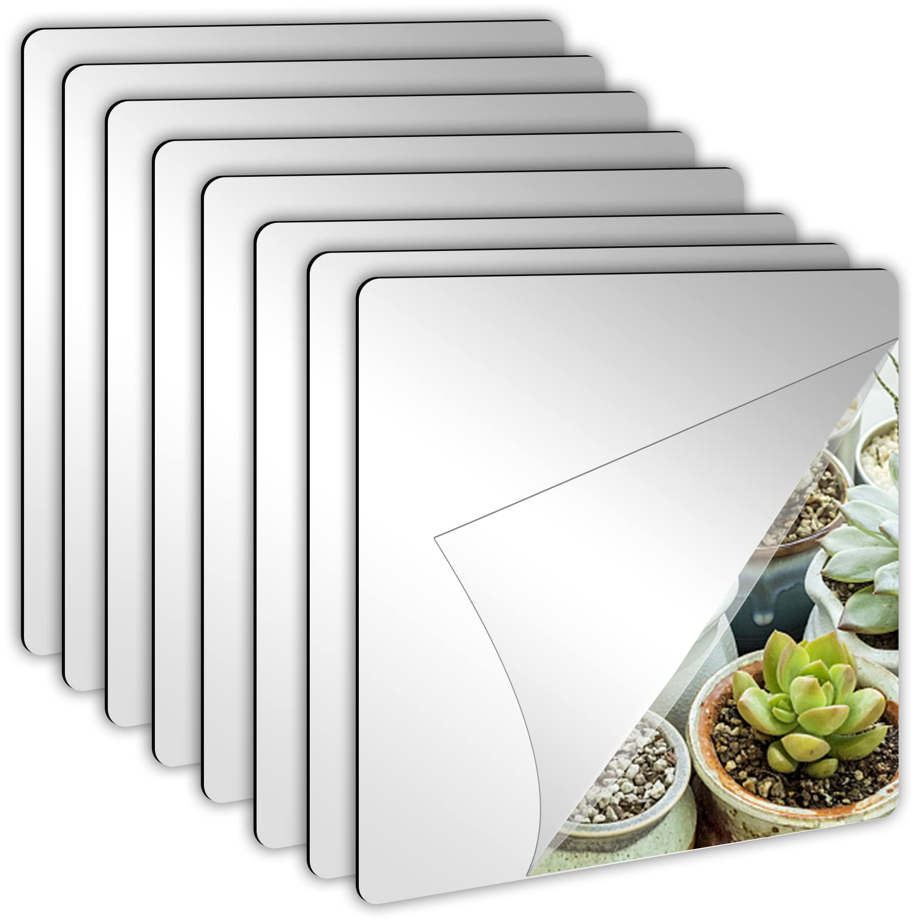 JUNEBRUSHS 8 Pack Self Adhesive Acrylic Mirror, 8 x 8 Inch Tiles,Flexible Plastic Mirror Sheets Wall Stickers,2MM Thick Frameles
