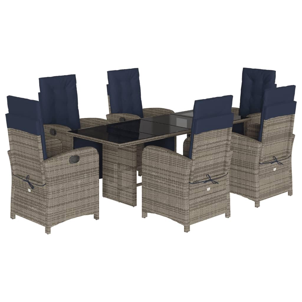 vidaXL 7-Piece Gray Poly Rattan Patio Dining Set with Navy Cushions - Adjustable Recliner Chairs & Tempered Glass Tabletop for Garden/Outdoor/Balcony
