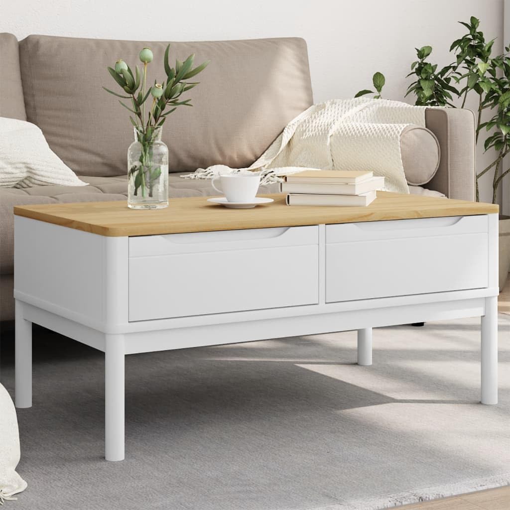 vidaXL - Floro Coffee Table White Solid Pine Wood - Rectangular Modern Side Table with 2 Drawers - 39 x 21.9 x 17.7