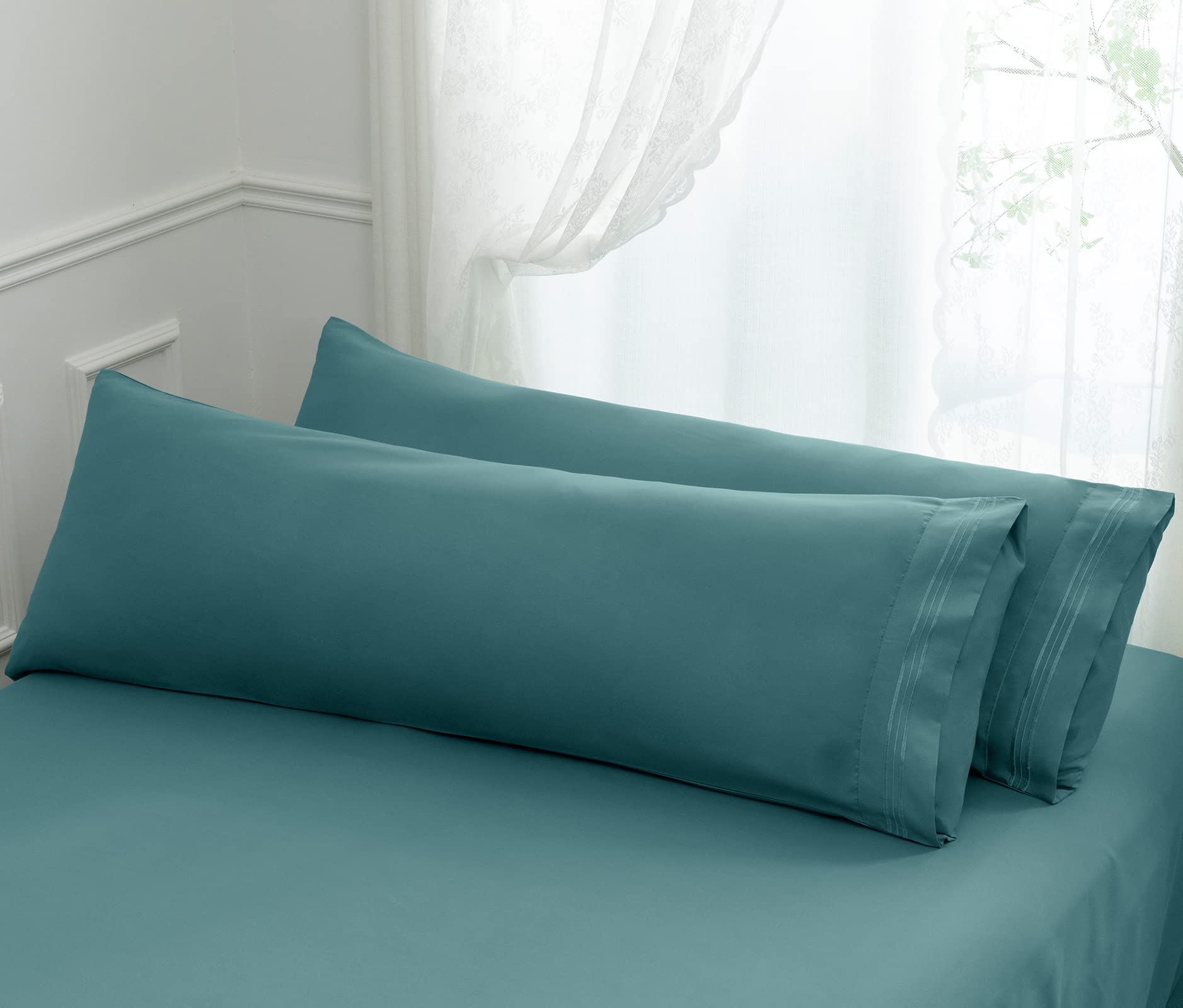 Aormenzy Microfiber Pillow Cases - Body Size Set Of 2-1800 Thread Count Ultra Soft Teal Pillowcases - Wrinkle Resistant Pillow C