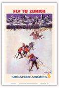 Fly to Zurich Switzerland - Skiing - Singapore Airlines - Vintage Airline Travel Poster by Seah Kim Joo c.1960s - Master Art Pri