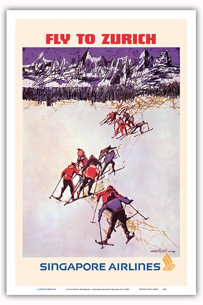 Fly to Zurich Switzerland - Skiing - Singapore Airlines - Vintage Airline Travel Poster by Seah Kim Joo c.1960s - Master Art Pri