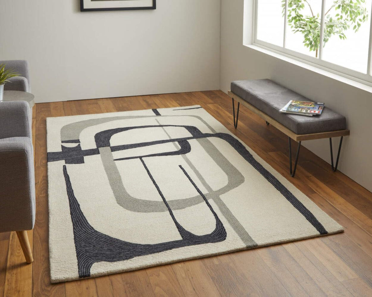 HomeRoots 514415 5 x 8 ft. Wool Abstract Tufted Handmade Rectangle Area Rug Ivory Gray & Black