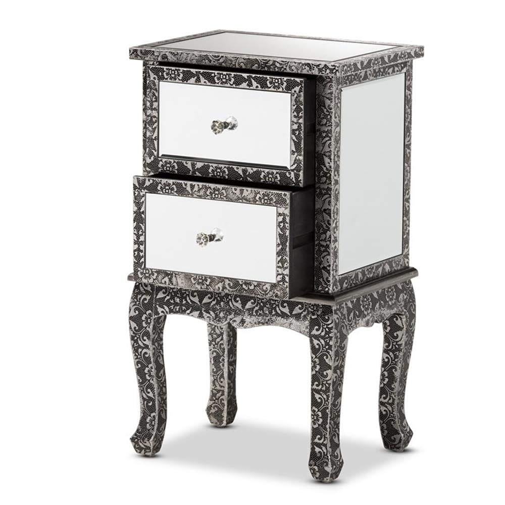 Baxton Studio Wycliff Industrial Glam and Luxe Silver Finished Metal and Mirrored Glass 2-Drawer Nightstand