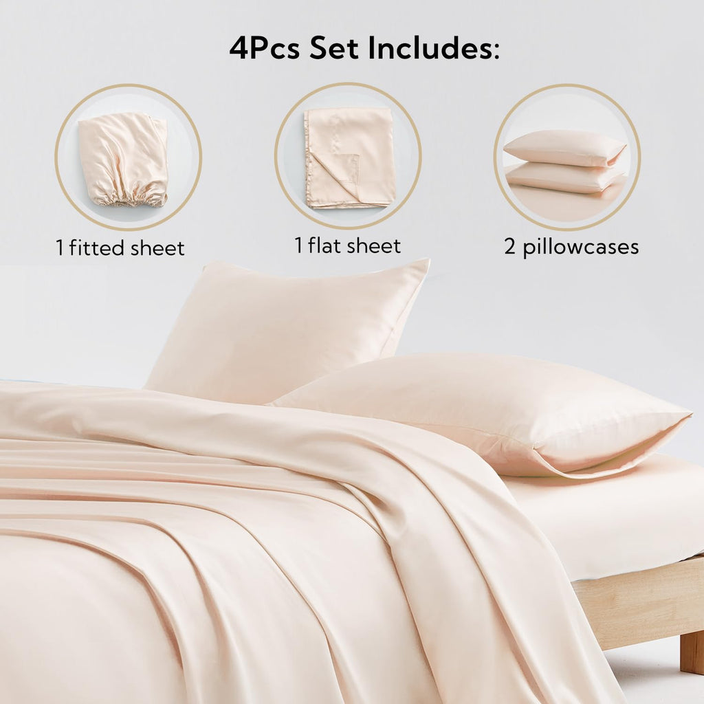 Candoury Satin Sheets Queen Bed Set 4 Pcs, Soft And Durable Pillowcase, Flat Sheet And Fitted Sheet, Hotel Luxury Silky Satin Sheets Set(Queen, Beige)