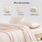 Candoury Satin Sheets Queen Bed Set 4 Pcs, Soft And Durable Pillowcase, Flat Sheet And Fitted Sheet, Hotel Luxury Silky Satin Sheets Set(Queen, Beige)