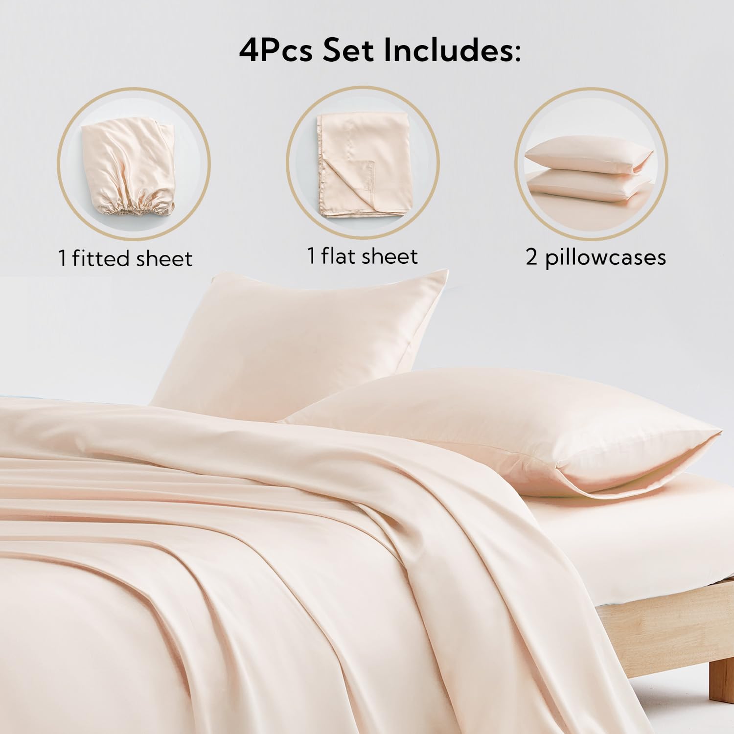 Candoury Satin Sheets Queen Bed Set 4 Pcs, Soft And Durable Pillowcase, Flat Sheet And Fitted Sheet, Hotel Luxury Silky Satin Sheets Set(Queen, Beige)