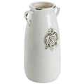 MyGift Farmhouse White Ceramic Vase with Handle and Embossed Seal Design, Antique Jug Shaped Tabletop Flower Vase