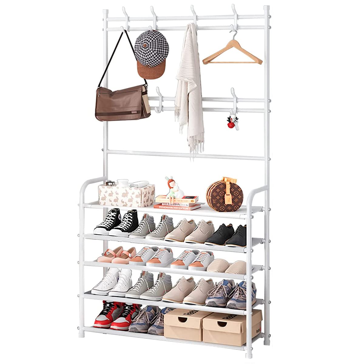 Weecron Entryway Shoe Rack With Coat Rack 5 Tier Shoe Stand Oraanizer For Bedroom Dorm, White
