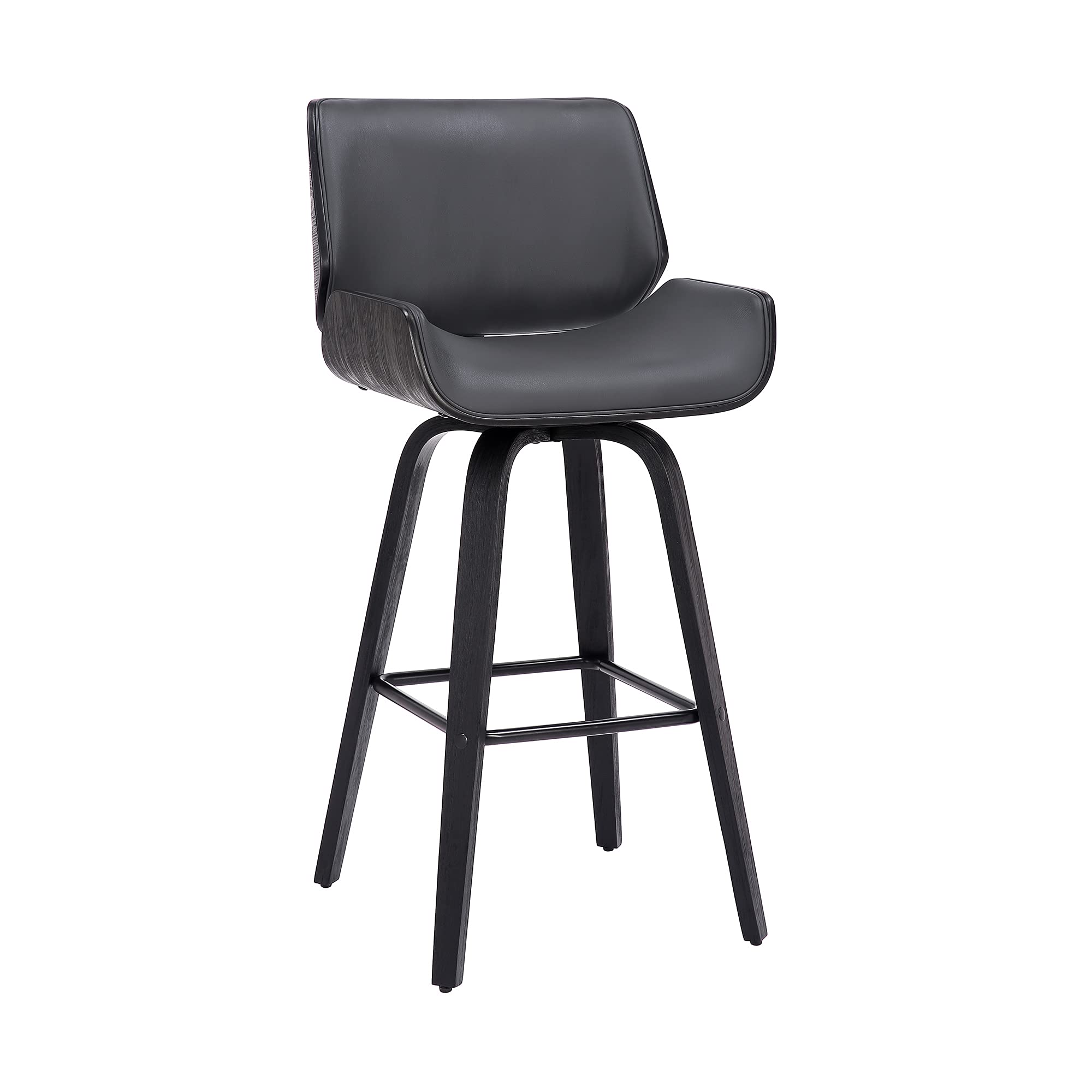 Armen Living Tyler Mid Century Modern Swivel Bar Stool for Kitchen Island Counter in Gray Faux Leather and Black Wood, 26 Seat H
