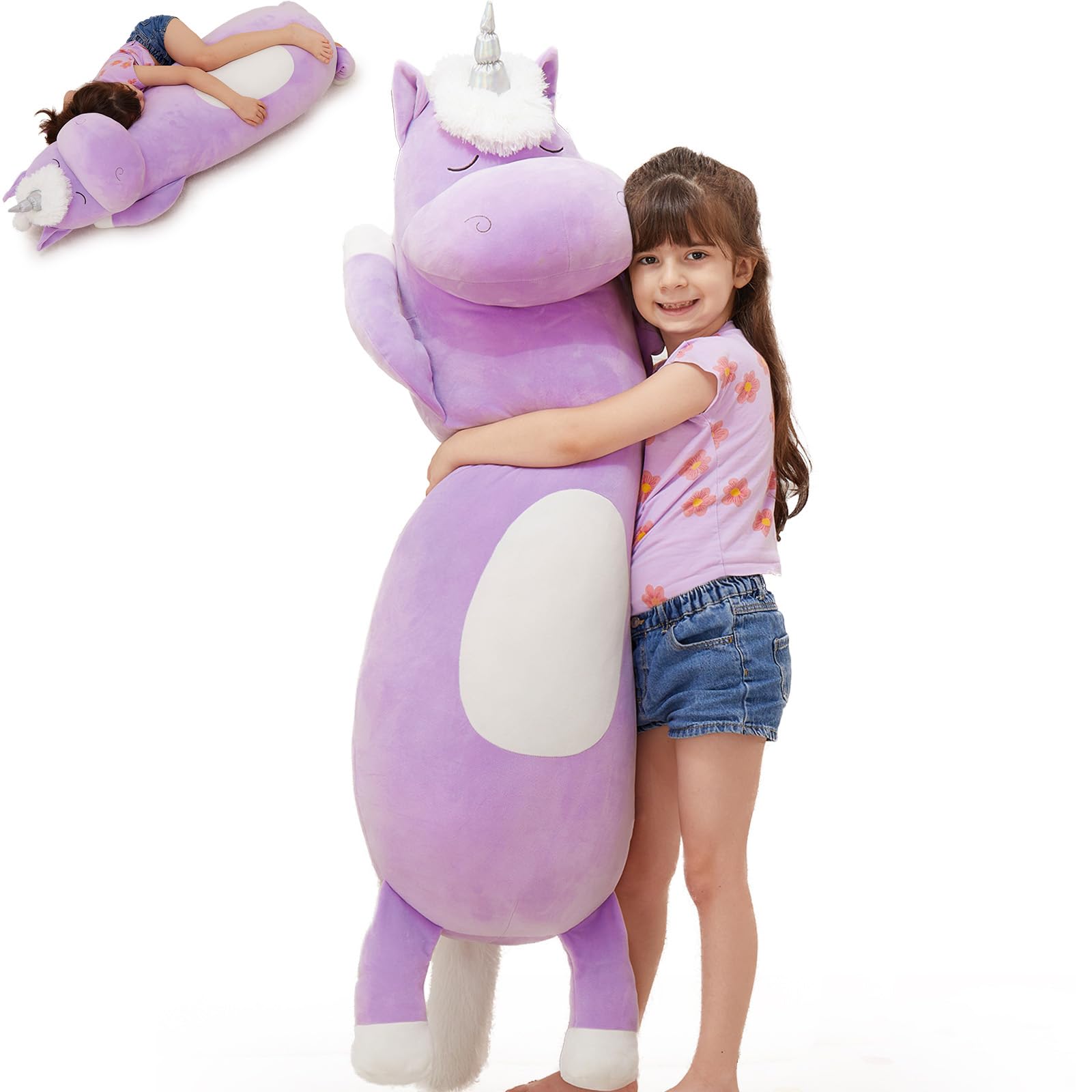 Morismos Giant Plush Unicorn Body Pillow 4 Ft,51 In Long Purple Unicorn Stuffed Animal Body Pillow For Kid Girl Boy,Soft Big Hug
