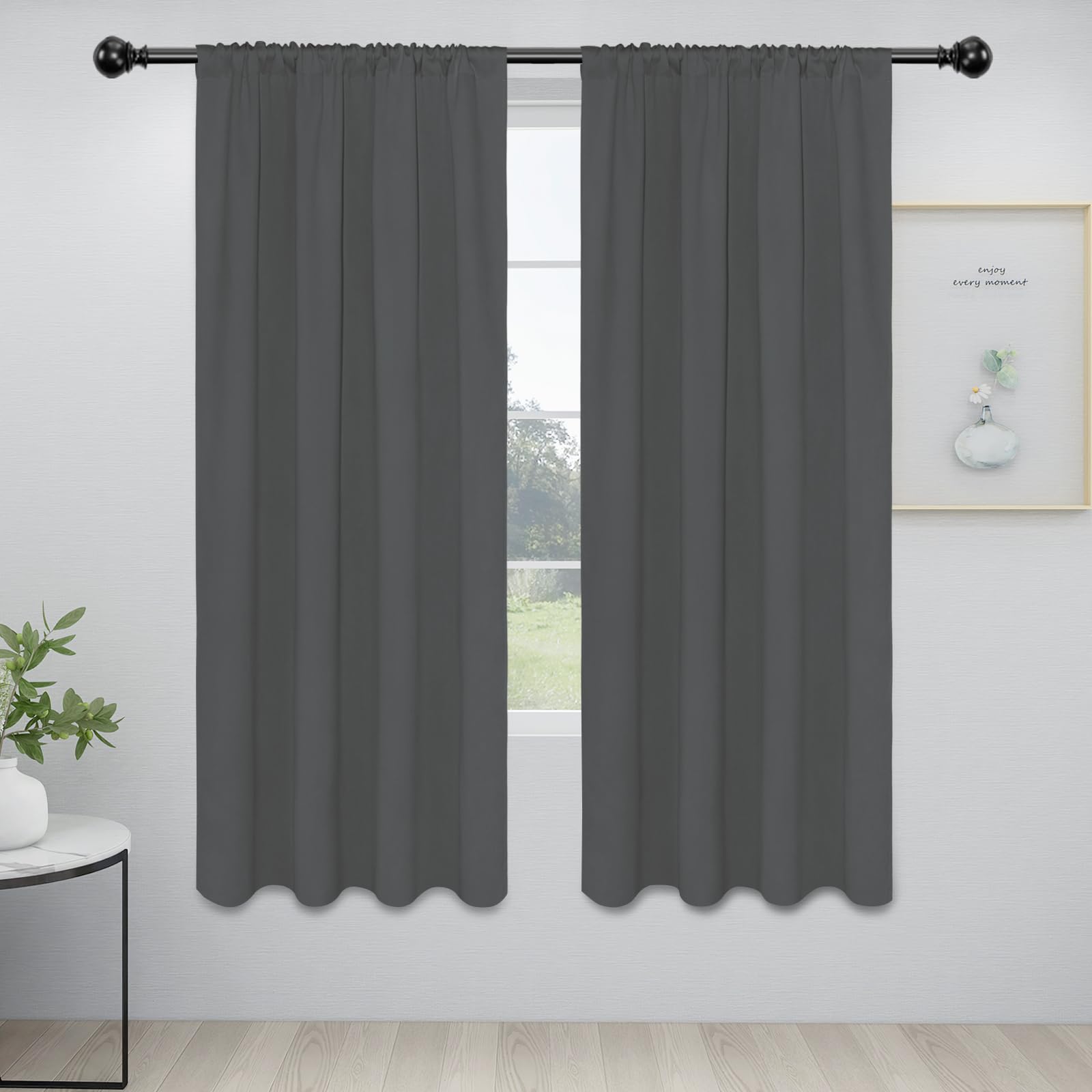 Easy-Going Rod Pocket Blackout Curtains For Bedroom, Room Darkening Window Curtains For Living Room, Thermal Insulated Noise Reduction Solid Window Drapes, 2 Panels(34X72 In, Grey)