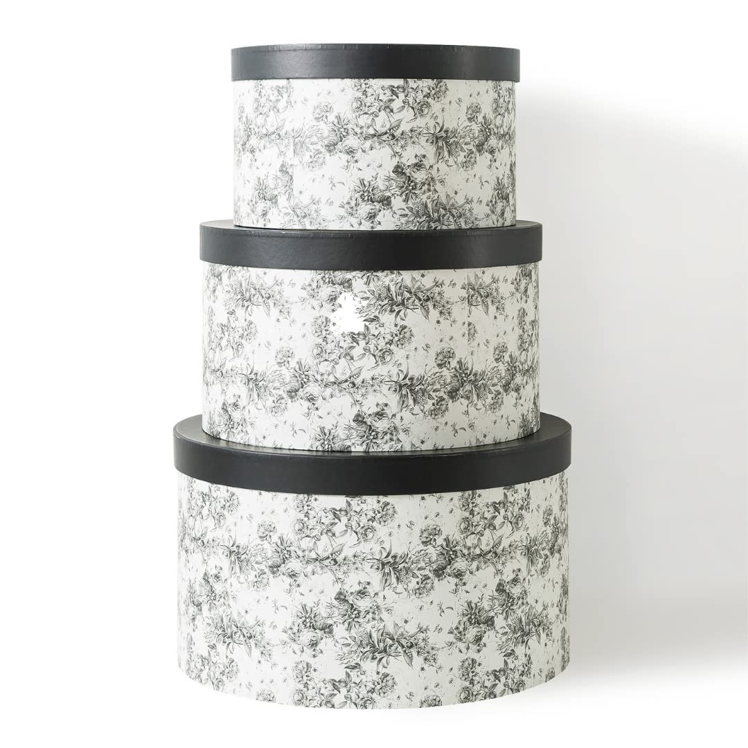 Soul & Lane Floral Hat Round Boxes with Lids - Set of 3: Nesting Cardboard Hat Storage, Large Black Print Hat Cases, Round Decor