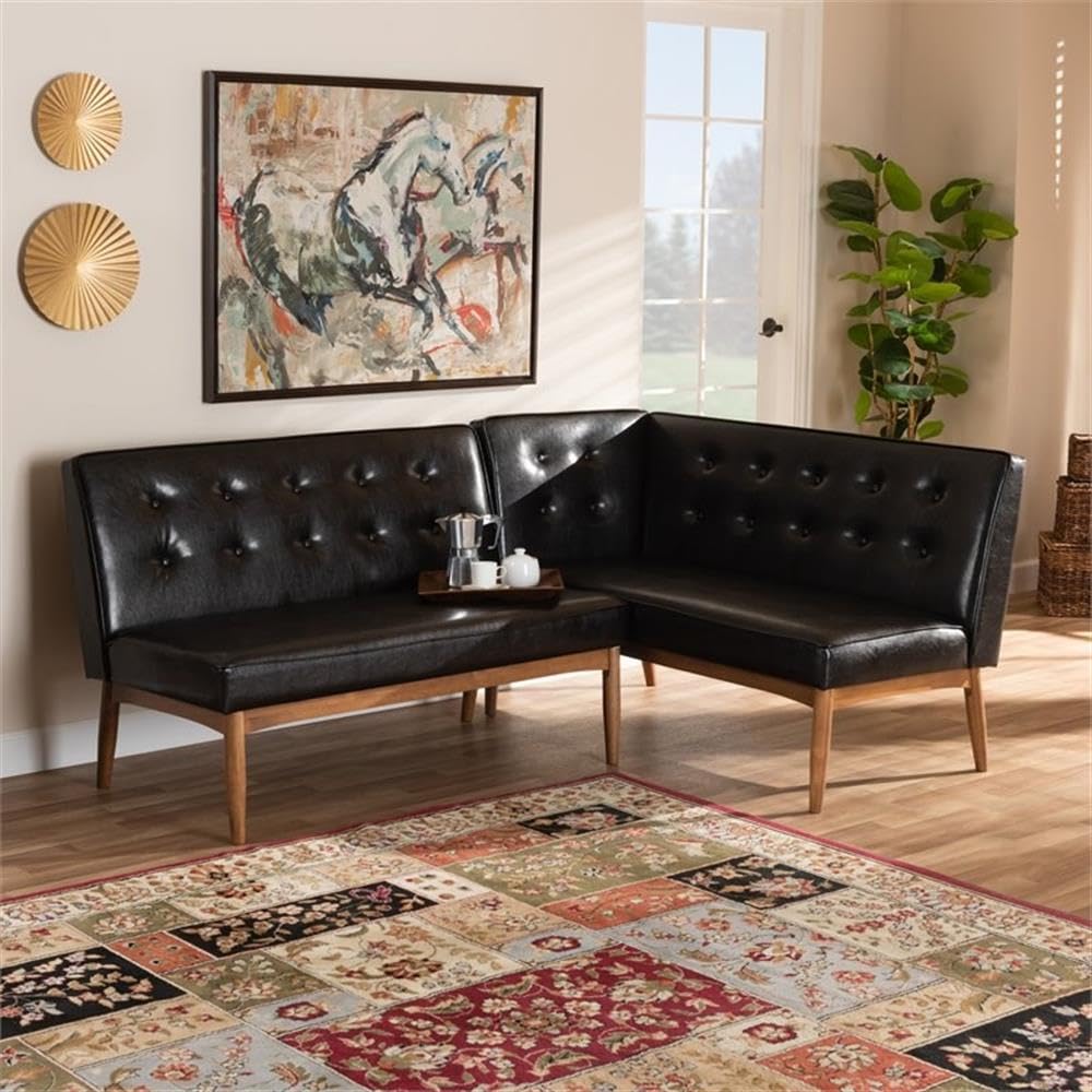 Baxton Studio Arvid Mid-Century Modern Dark Brown Faux Leather Upholstered 2-Piece Wood Dining Corner Sofa Bench