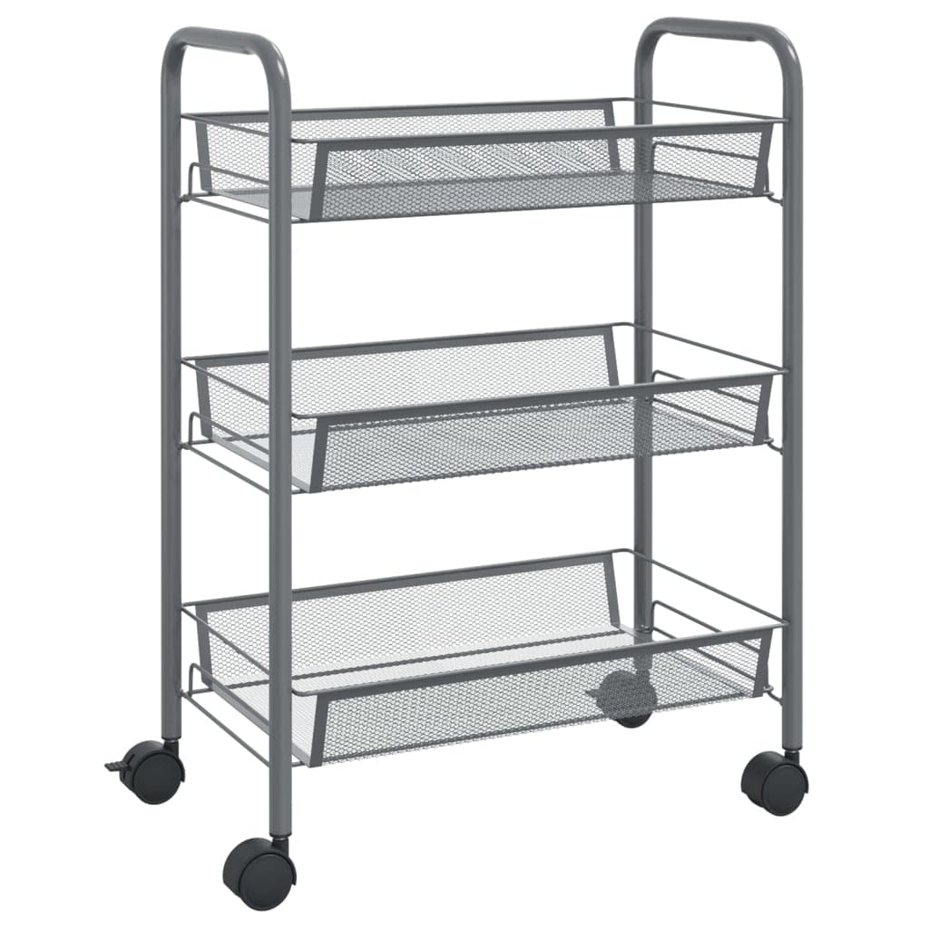 vidaXL 3-Tier Kitchen Trolley in Gray - Compact and Mobile Versatile Storage Solution with Removable Iron Mesh Baskets for Kitchen, Bathroom, or Office Use.