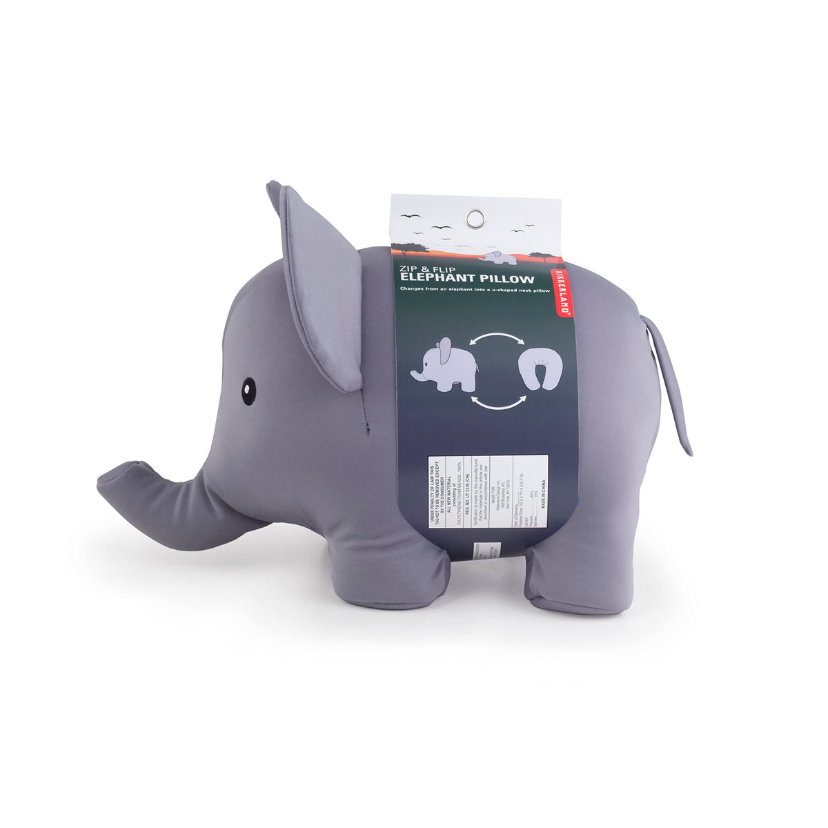 Kikkerland Zip And Flip Elephant Travel Comfortable & Breathable Soft Neck Pillow, Grey, For Sleeping, Flight Head Rest, Easy To